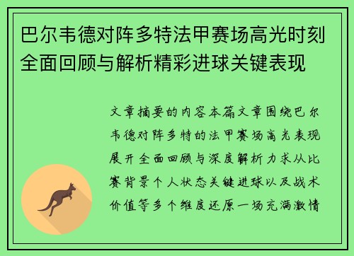 巴尔韦德对阵多特法甲赛场高光时刻全面回顾与解析精彩进球关键表现
